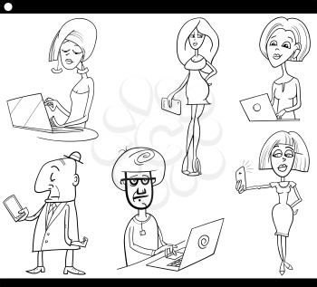 Cartoon Illustration Set of People with New Technology Electronic Devices