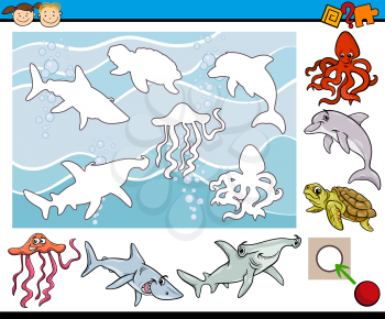 Cartoon Illustration of Educational Task for Preschool Children with Sea Animal Characters