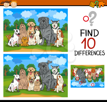 Cartoon Illustration of Finding Differences Educational Game for Preschool Children with Dogs