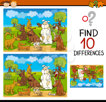 Cartoon Illustration of Find Differences Educational Task for Preschool Children with Funny Dogs