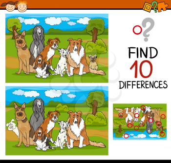 Cartoon Illustration of Differences Task for Preschool Children with Dogs Animal Characters