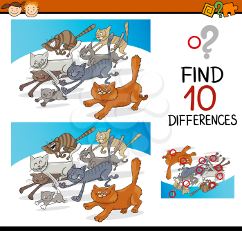 Cartoon Illustration of Finding Differences Educational Game for Preschool Children with Cats Animal Characters