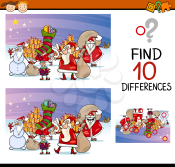 Cartoon Illustration of Finding Differences Educational Task for Preschool Children with Santa Claus and Christmas Characters