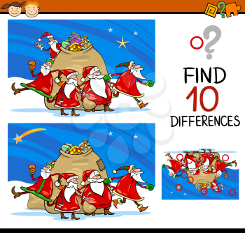Cartoon Illustration of Differences Educational Task for Preschoolers with Christmas Characters