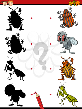 Cartoon Illustration of Education Shadow Task for Preschool Kids with Insects