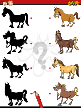 Cartoon Illustration of Education Shadow Task for Preschool Children with Horses Farm Animal Characters