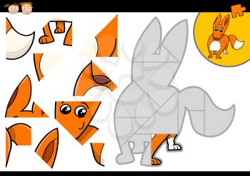 Cartoon Illustration of Educational Jigsaw Puzzle Task for Preschool Children with Fox Animal Character