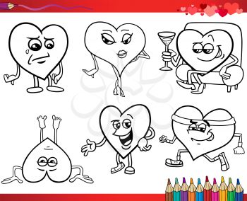 Valentines Day and Love Themes Collection Set of Black and White Cartoon Illustrations with Heart Characters for Coloring Book