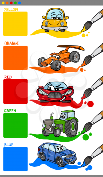 Cartoon Illustration of Primary Colors with Vehicles and Cars Educational Set for Preschool Children
