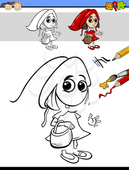 Cartoon Illustration of Drawing and Coloring Educational Task for Preschool Children with Little Red Riding Hood Fantasy Character