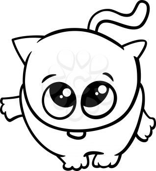 Black and White Cartoon Illustration of Cute Little Cat Pet Character for Coloring Book
