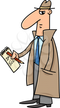 Cartoon Illustration of Detective or Journalist with Notepad and Pencil