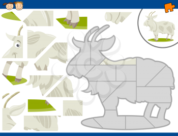 Cartoon Illustration of Educational Jigsaw Puzzle Task for Preschool Children with Farm Goat Animal Character
