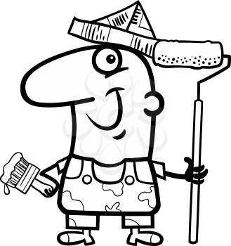 Black and White Cartoon Illustration of Funny House Painter Worker for Coloring Book
