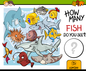 Cartoon Illustration of Educational Counting Task for Preschool Children with Fish Animal Characters
