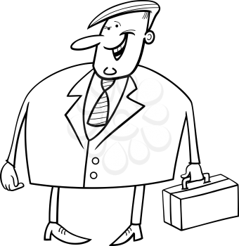 Black and White Cartoon Illustration of Overweight Businessman with Briefcase Character for Coloring Book