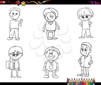 Black and White Cartoon Illustration of School or Preschool Age Boys Children Characters Set for Coloring Book