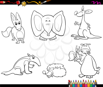 Black and White Cartoon Illustration of Wild Animal Characters Set Coloring Book