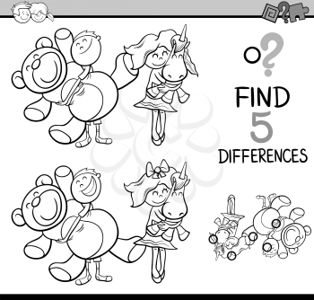 Black and White Cartoon Illustration of Finding Differences Educational Activity for Preschool Children with Kids and Toys for Coloring Book