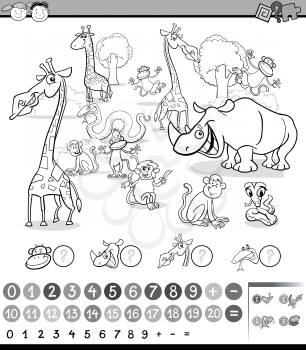 Black and White Cartoon Illustration of Education Mathematical Game for Preschool Children with Safari Animals