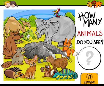 Cartoon Illustration of Educational Counting Math Activity for Preschool Children with Wildlife Animal Characters