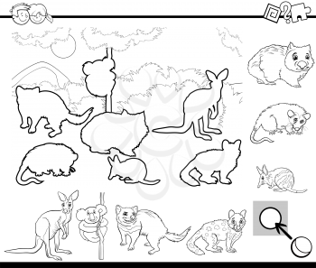 Black and White Cartoon Illustration of Educational Activity for Preschool Children with Australian Animal Characters for Coloring Book