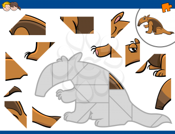 Cartoon Illustration of Educational Jigsaw Puzzle Activity for Preschool Children with Anteater Animal Character