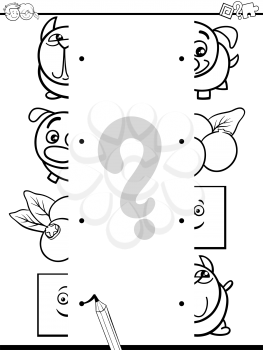 Black and White Cartoon Illustration of Preschool Education Activity with Matching Halves Task for Coloring
