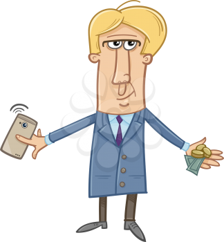 Cartoon Illustration of Man with Cash and Smart Phone