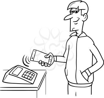 Black and White Cartoon Illustration of Man Paying Wireless with his Smart Phone