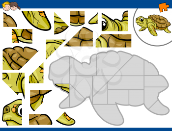 Cartoon Illustration of Educational Jigsaw Puzzle Activity for Preschool Children with Sea Turtle Animal Character