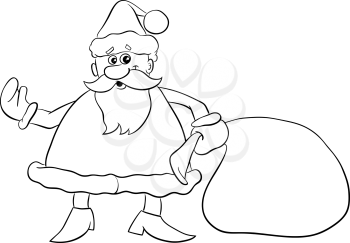 Black and White Cartoon Illustration of Santa Claus with Sack of Gifts on Christmas for Coloring Book