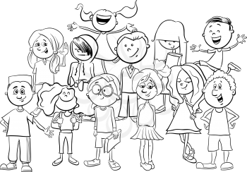 Black and White Cartoon Illustration of Elementary School Age Children or Teen Characters Group Coloring Book