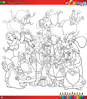 Black and White Cartoon Illustration of Santa Claus Characters Big Group on Christmas Time Coloring Book