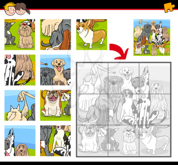 Cartoon Illustration of Education Jigsaw Puzzle Activity Game for Preschool Children with Dogs Animal Characters