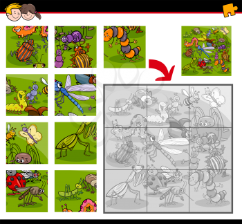Cartoon Illustration of Education Jigsaw Puzzle Activity Task for Children with Insect and Bug Animal Characters