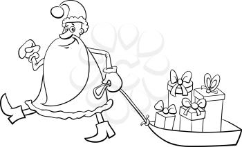 Black and White Cartoon Illustration of Santa Claus Christmas Presents on the Sledge Coloring Book