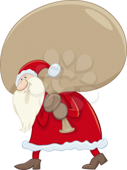 Cartoon Illustration of Santa Claus with Huge Sack of Presents on Christmas