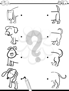 Black and White Cartoon Illustration of Preschool Education Activity of Matching Halves Task with Dog Characters for Coloring