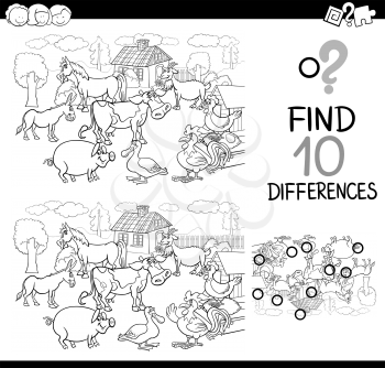 Black and White Cartoon Illustration of Finding Details Educational Activity for Children with Farm Animal Characters Coloring Book