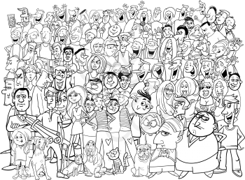 Black and White Cartoon Illustration of People Group in the Crowd