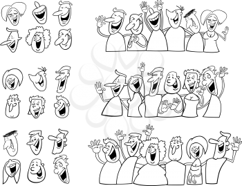 Black and White Cartoon Illustration of Happy People Big Set