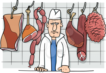 Cartoon Illustration of Butcher in his Shop with Meat Food Objects