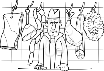 Black and White Cartoon Illustration of Butcher in his Shop with Meat Food Objects Coloring Page