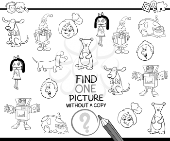 Black and White Cartoon Illustration of Educational Activity of Single Picture Search for Children Coloring Page