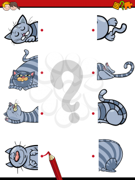 Cartoon Illustration of Education Activity Task of Matching Halves with Cat Characters