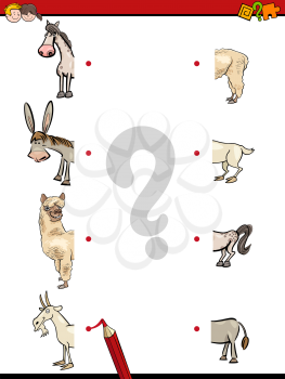 Cartoon Illustration of Educational Activity of Matching Halves with Farm Animal Characters