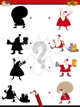 Cartoon Illustration of Educational Shadow Game for Children with Santa Claus Characters