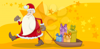 Greeting Card Cartoon Illustration of Santa Claus with Sledge of Christmas Presents