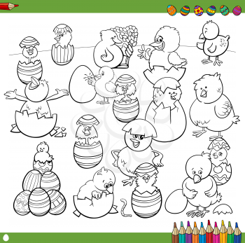Black and White Cartoon Illustration of Happy Easter Chick Characters with Eggs Coloring Book